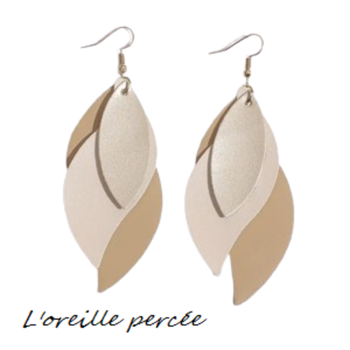Boucle d'oreille trio de feuille beige/marron clair/dorée