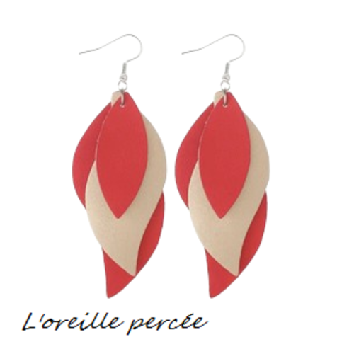 Boucle d'oreille trio de feuille rouge et dorée