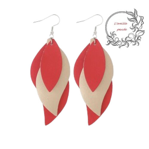 Boucle d'oreille trio de feuille rouge et dorée