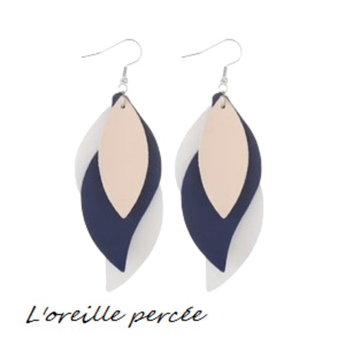 Boucle d'oreille trio de feuille blanche/bleu marine et beige