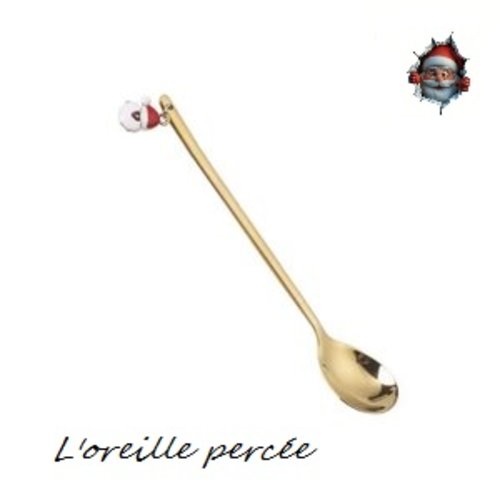 Petite cuillère à café dorée et sa breloque tête père noël