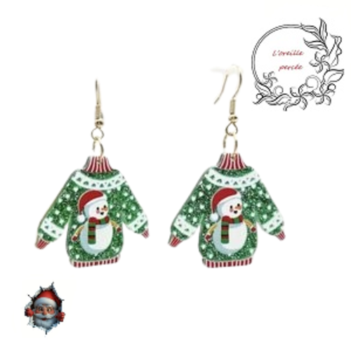 Boucle d'oreille pull de noël vert paillette bonhomme de neige