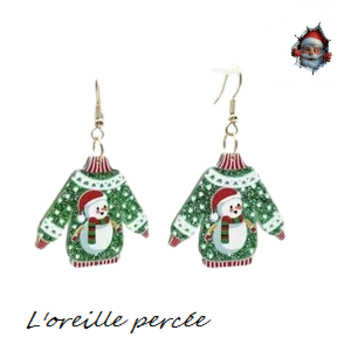 Boucle d'oreille pull de noël vert paillette bonhomme de neige