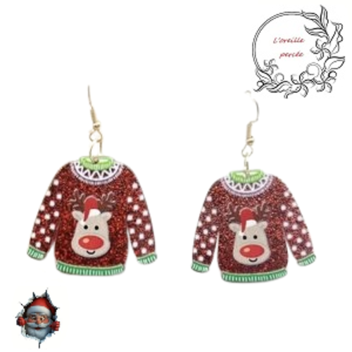 Boucle d'oreille pull de noël rouge paillette tête de cerf