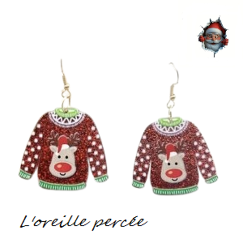 Boucle d'oreille pull de noël rouge paillette tête de cerf