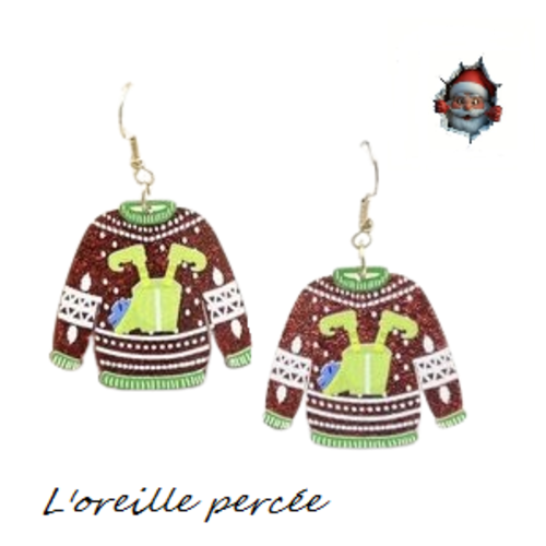 Boucle d'oreille pull de noël rouge paillette