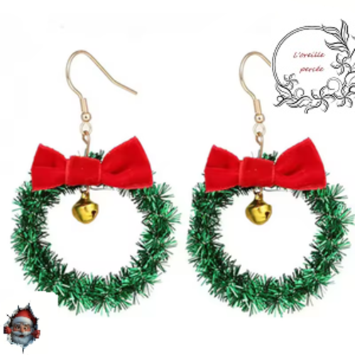 Boucle d'oreille grande couronne de noël;avec son noeud et son grelot