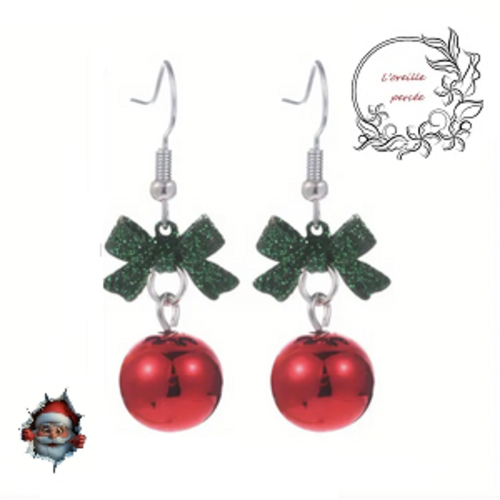 Boucle d'oreille pendante boule rouge et son noeud vert