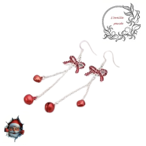 Boucle d'oreille pendante noeud et grelot rouges
