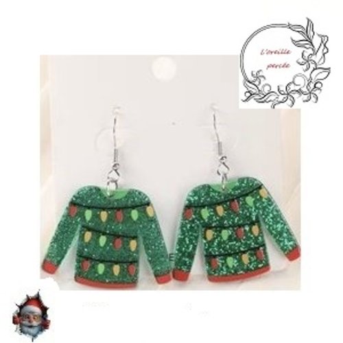 Boucle d'oreille pull de noël vert guirlandes de noël