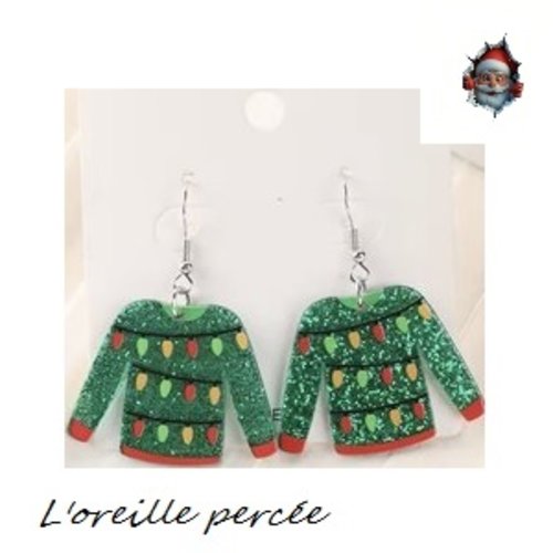 Boucle d'oreille pull de noël vert guirlandes de noël