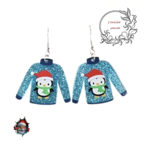 Boucle d'oreille pull de noël bleu pingouin de noël