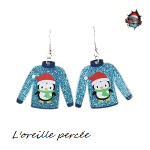 Boucle d'oreille pull de noël bleu pingouin de noël