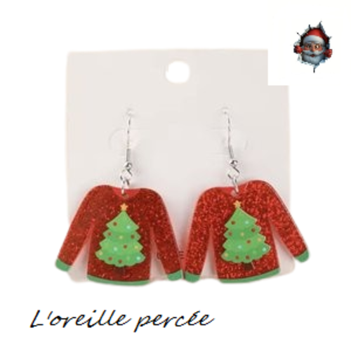 Boucle d'oreille pull de noël rouge sapin de noël