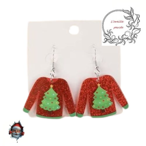 Boucle d'oreille pull de noël rouge sapin de noël
