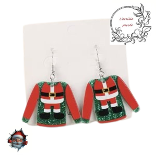 Boucle d'oreille pull de noël rouge costume du père noël