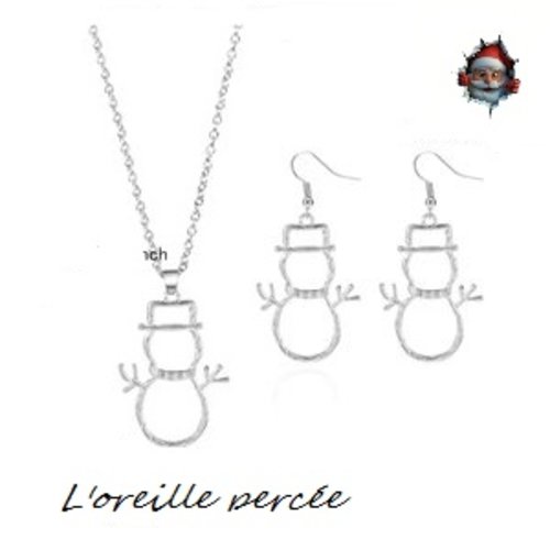 Parure collier + boucle d'oreille bonhomme de neige argentée