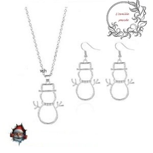 Parure collier + boucle d'oreille bonhomme de neige argentée