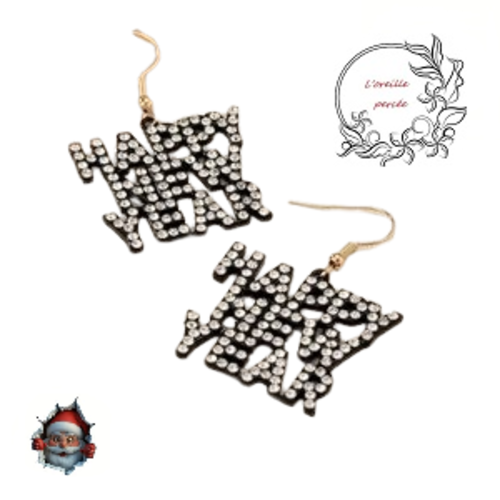 Boucle d'oreille happy new year métal noire avec strass