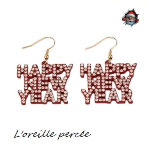 Boucle d'oreille happy new year métal rouge avec strass