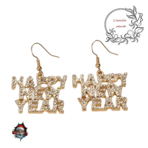 Boucle d'oreille happy new year métal dorée avec strass