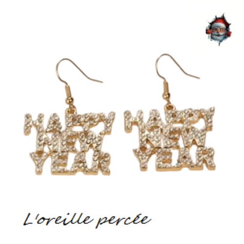 Boucle d'oreille happy new year métal dorée avec strass