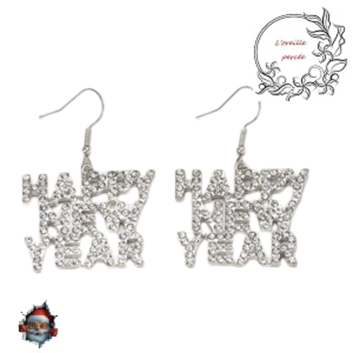 Boucle d'oreille happy new year métal argentée avec strass