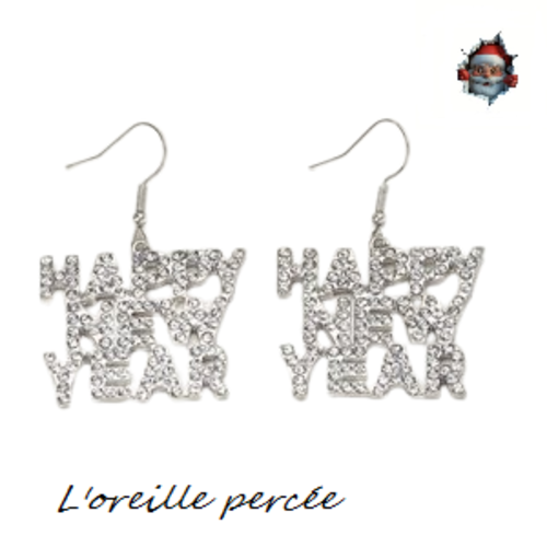 Boucle d'oreille happy new year métal argentée avec strass