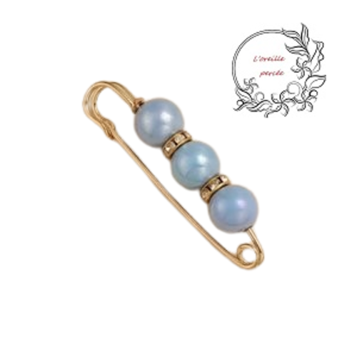 Broche épingle et ses perles rondes bleues à reflet et ses rondelles strass