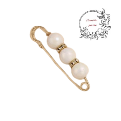 Broche épingle et ses perles rondes blanches à reflet et ses rondelles strass