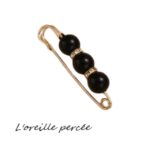 Broche épingle et ses perles rondes noires et ses rondelles strass