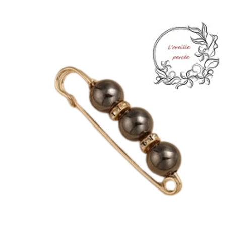 Broche épingle et ses perles rondes grises anthracites foncées et ses rondelles strass