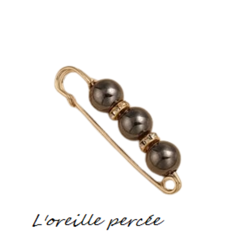 Broche épingle et ses perles rondes grises anthracites foncées et ses rondelles strass