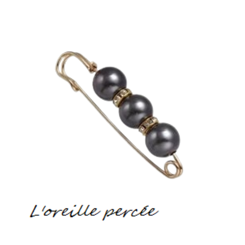 Broche épingle et ses perles rondes noires métallique et ses rondelles strass