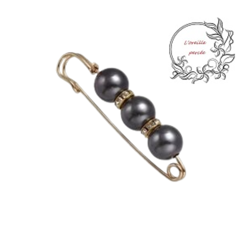 Broche épingle et ses perles rondes noires métallique et ses rondelles strass