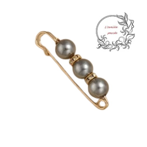 Broche épingle et ses perles rondes gris vert et ses rondelles strass