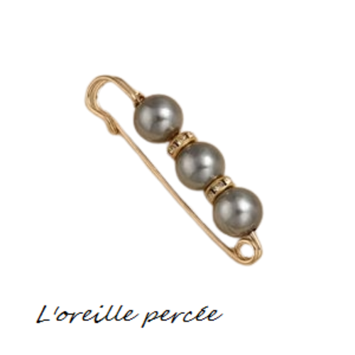 Broche épingle et ses perles rondes gris vert et ses rondelles strass