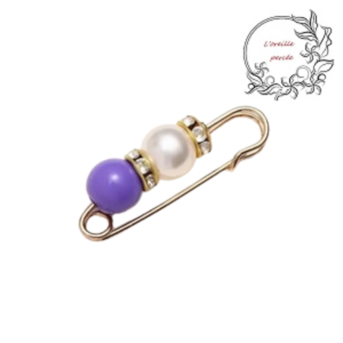 Broche épingle et sa perle ronde mauve et nacrée et ses rondelles strass