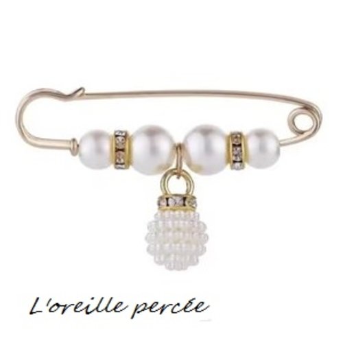 Broche épingle perles nacrées, rondelles strass et sa perle pendante
