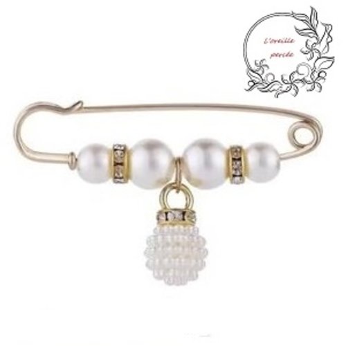Broche épingle perles nacrées, rondelles strass et sa perle pendante