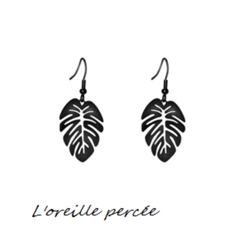 Boucle d'oreille estampe feuille exotique monstera noire