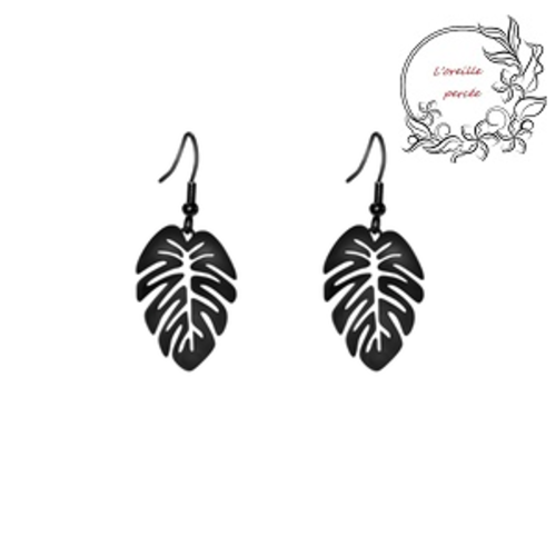 Boucle d'oreille estampe feuille exotique monstera noire