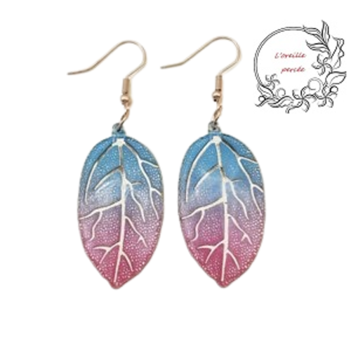 Boucle d'oreille feuille dégradée bleu/rose