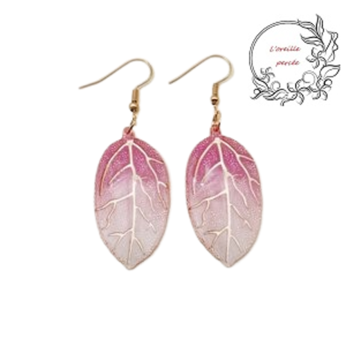 Boucle d'oreille feuille dégradée de rose