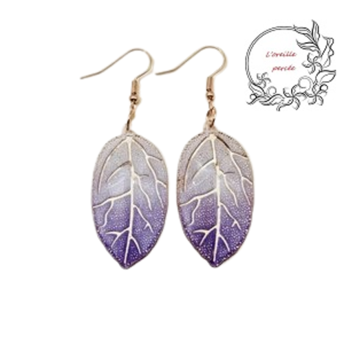 Boucle d'oreille feuille dégradée de mauve