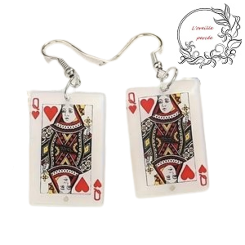 Boucle d'oreille rectangle carte à jouer dame