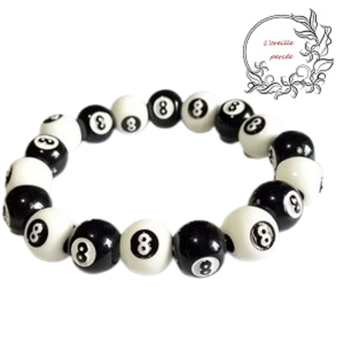 Bracelet boule n°8 de billard noire et blanche