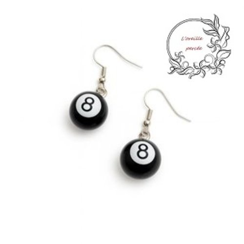 Boucle d'oreille boule de billard n°8 noire