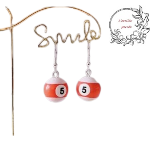 Boucle d'oreille boule de billard n°5 orange/blanc