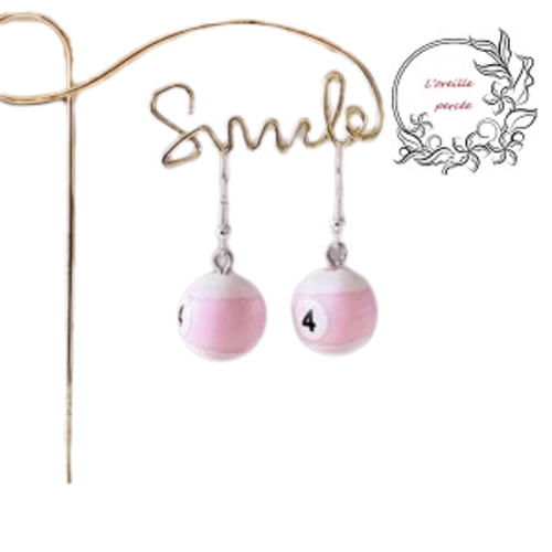 Boucle d'oreille boule de billard n°4 rose/blanc